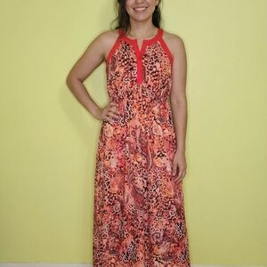 ONE WORLD Coral and Black Patterned Sleeveless Maxi Dress